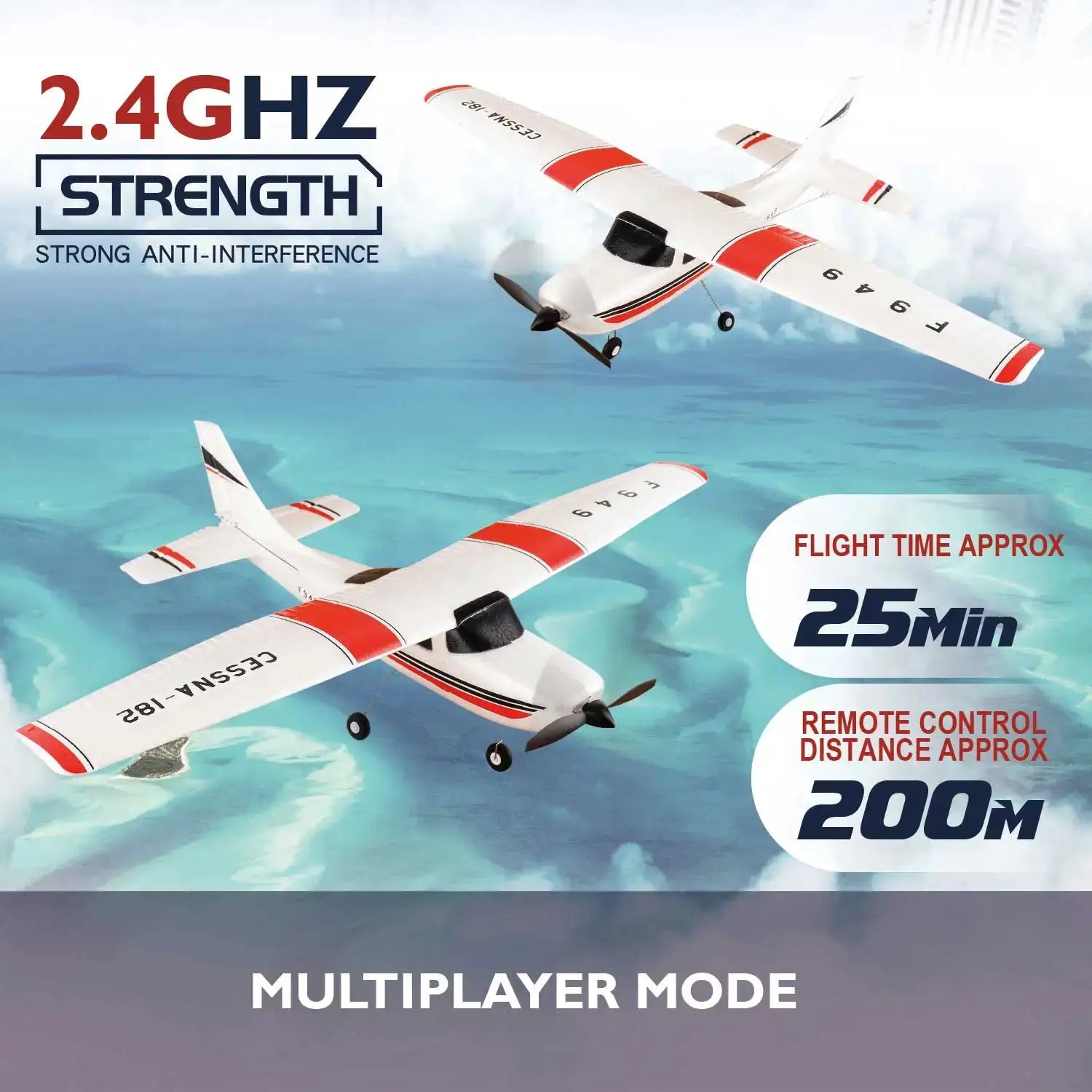 WLtoys F949 LCD Version RC Airplane, two white fixed-wing Cessna 182 models with red accents.