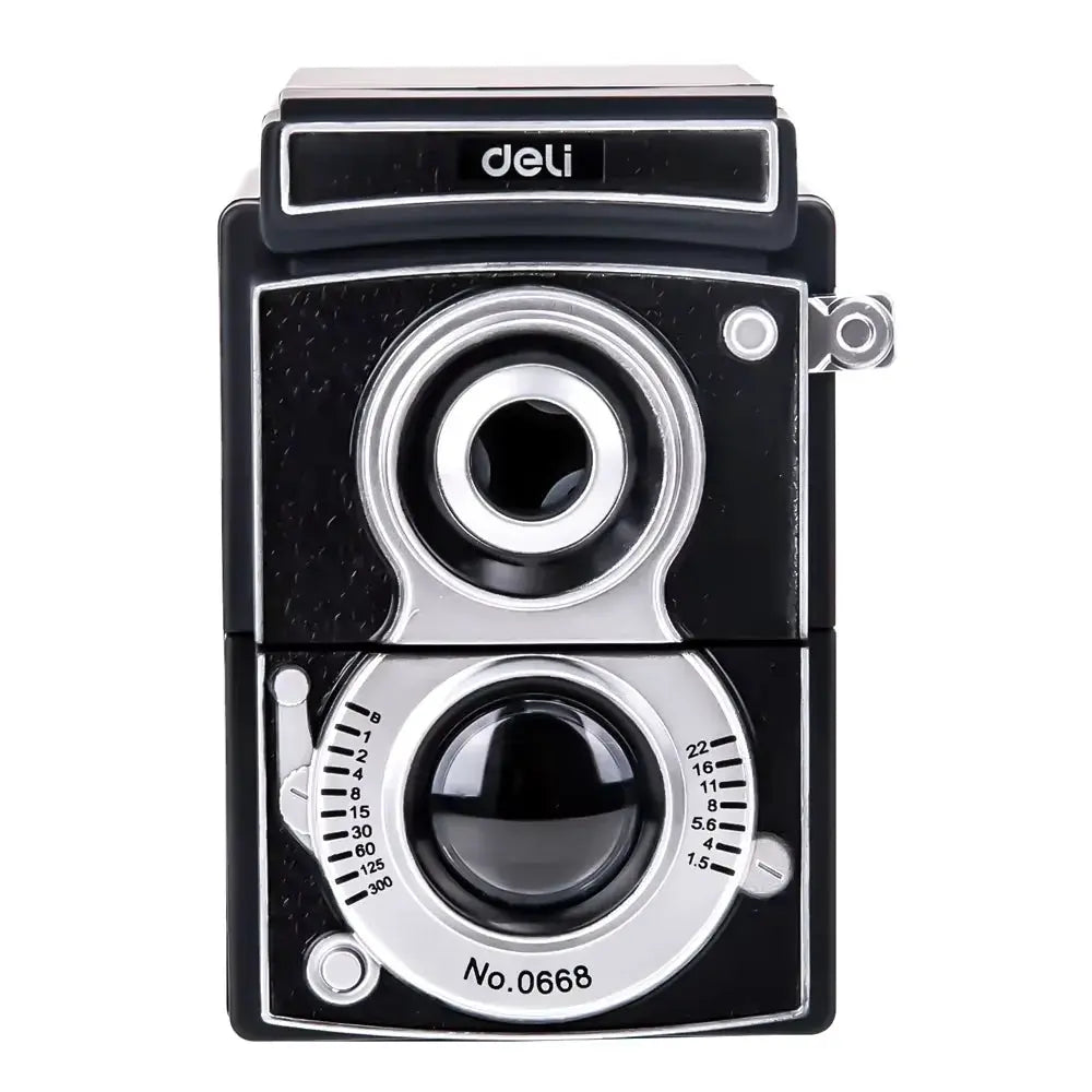 Deli rotary pencil sharpener, camera-style black and silver with front dial, Simples Market