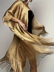 Glitter Shawl Banquet Style For Party And Evening Wear Gold And Silver Shiny Knit Scarf With Tassel