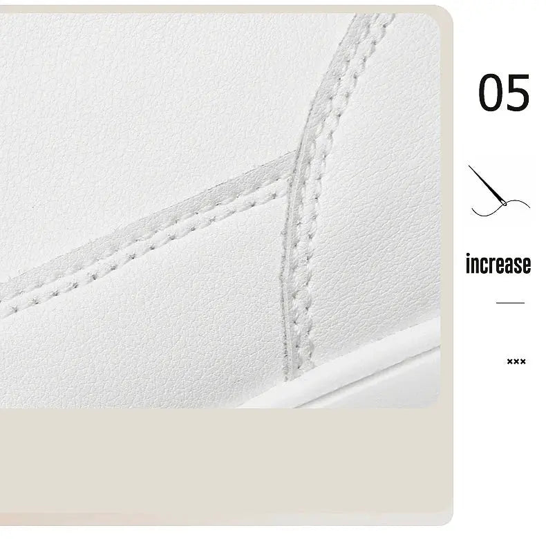 Men's white leather sneakers with visible stitching and height-increasing sole.