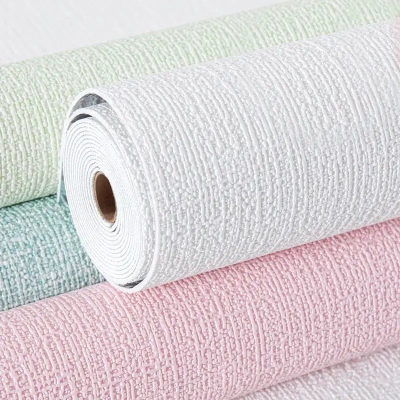 Self-adhesive 3D thickened wallpaper with linen texture in pastel white, pink and mint green rolls