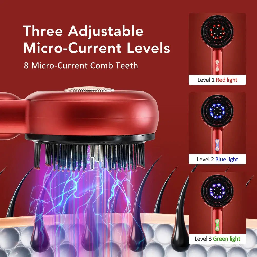 Electric head massager comb in red with three-level LED lights (red, blue, green)