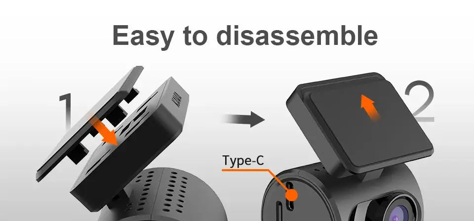 2K dash camera for cars with removable module, black finish and Type-C port; easy to disassemble