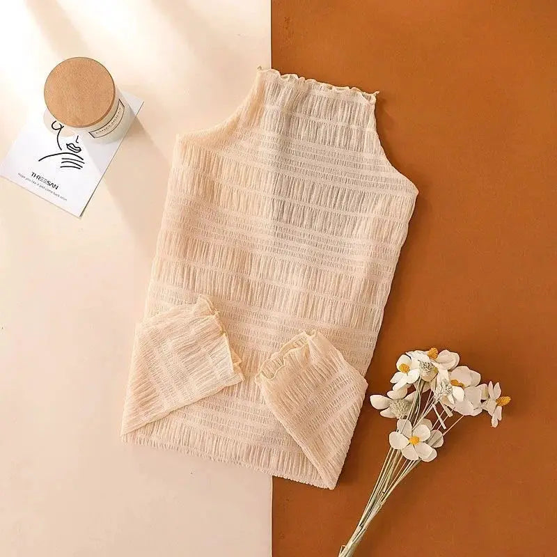 Beige sheer mesh lace blouse for women with high neckline and long sleeves, crop top style