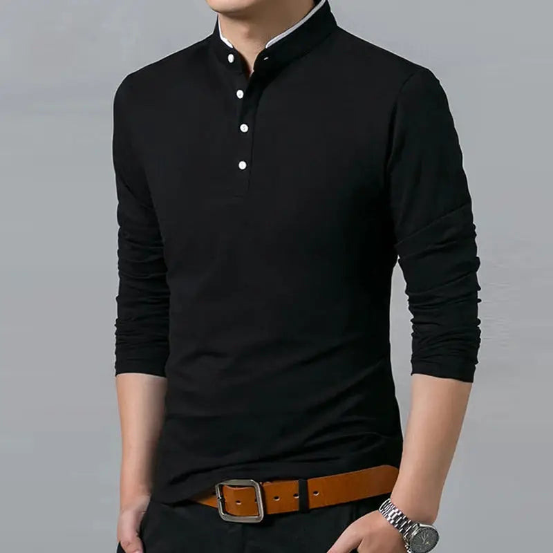 Men's black long-sleeve polo shirt, business casual with white button placket
