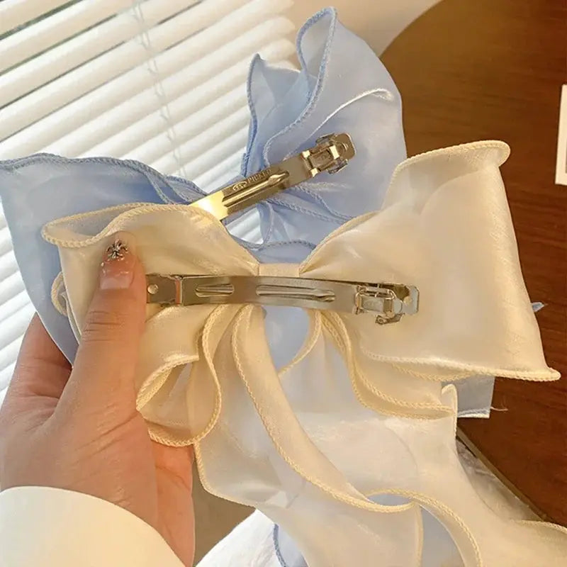 Elegant Blue Satin Chiffon Bow Hair Clip Barrette For Women And Girls With Shiny Bow Knot Accessory