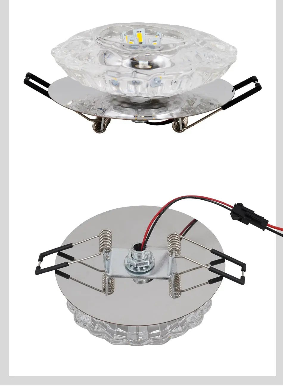 Aisle Flush LED ceiling lamp with crystal glass shade and chrome base for living rooms, corridors, porches.