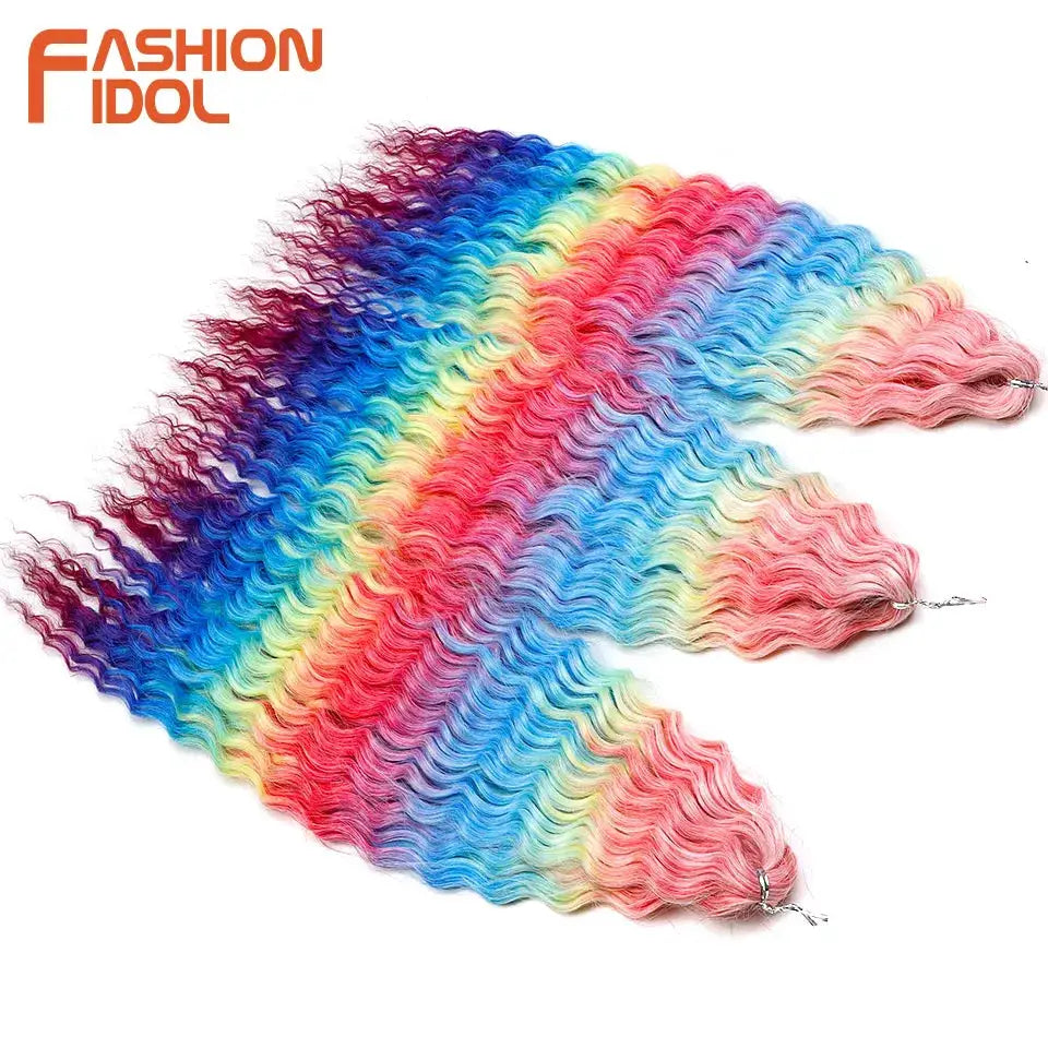 Hair extensions by Fashion Idol rainbow ombre crochet, 22in, ariel curl water wave, synthetic, 3 bundles