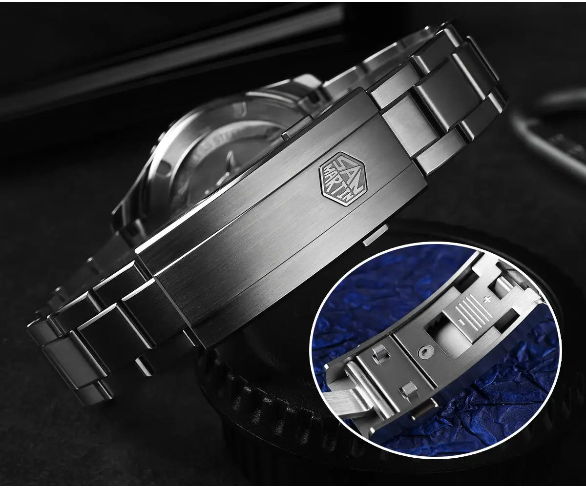 San Martin stainless steel diver watch with brushed bracelet and deployment clasp featuring logo