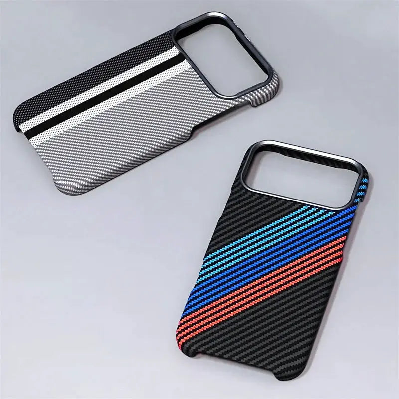 iPhone MagSafe cases, carbon fiber pattern; black with blue/red diagonal stripes and gray with white bands, 2-pack