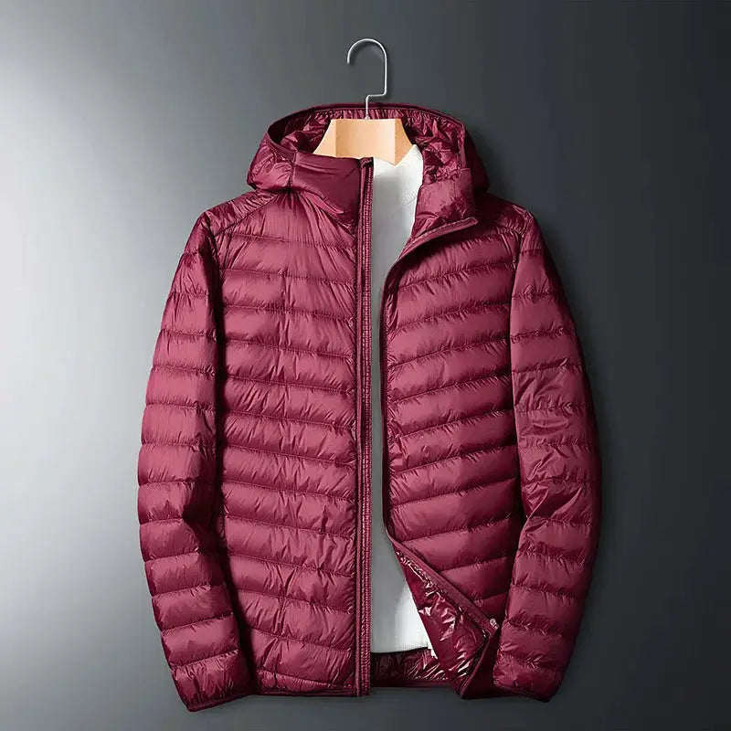 Plus-size men's burgundy hooded down puffer jacket, lightweight winter coat.