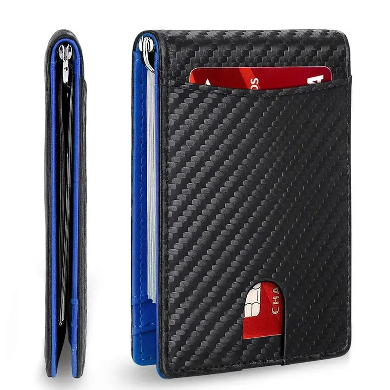 Simples Market synthetic leather slim RFID-blocking wallet for men, black carbon-fiber texture with blue interior