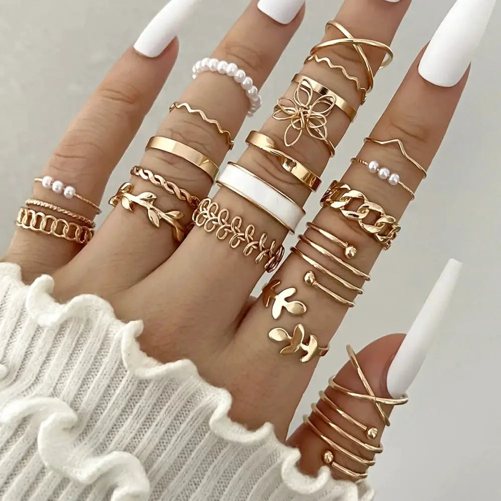 22 Piece Vintage Gold Color Heart And Butterfly Rings Set For Women Boho Metal Geometric Spiral Imitation Pearl Jewelry