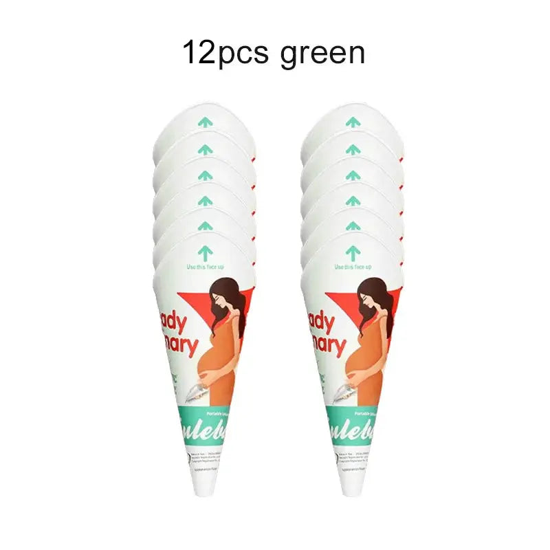 Disposable paper female urination devices, 12-pack, green, for pregnant women, two bundles shown