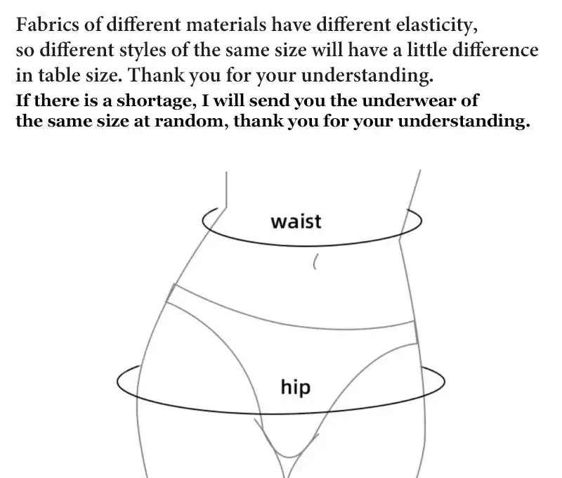Underwear sizing guide showing a female torso with waist and hip measurement circles.