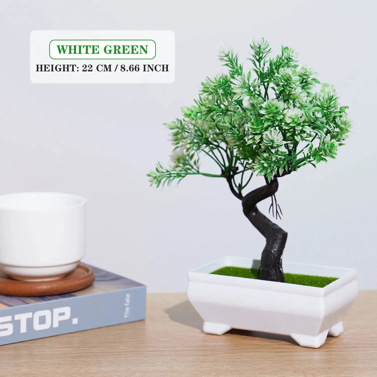 Artificial bonsai small tree in a white ceramic pot, green foliage, Simples Market
