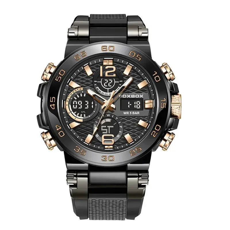 LIGE electronic men's wristwatch with LED display; black and gold, Foxbox branding, water resistant 5 BAR