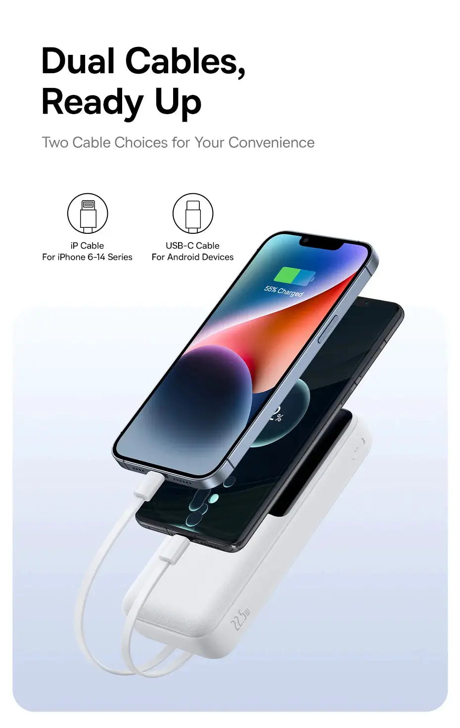 Baseus 20000mAh PD 22.5W power bank with dual cables, white, charging two iPhones.