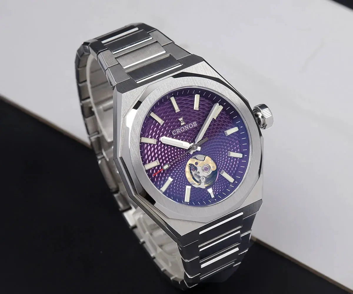 Cronos 39mm Rhombus Perlage skeleton dial automatic watch with see-through caseback, stainless steel bracelet, purple.