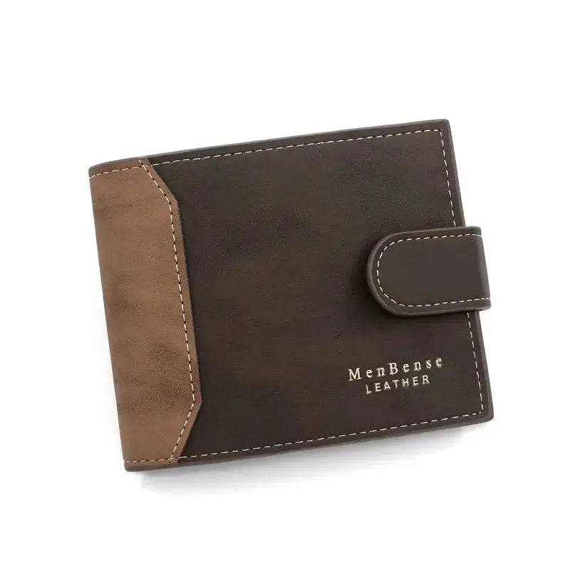 Men's PU leather wallet with hasp closure, two-tone brown with white stitching