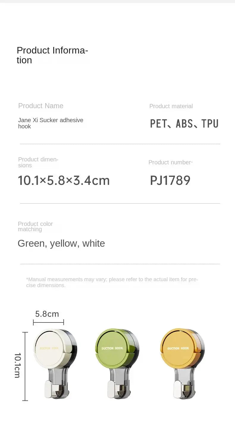 Strong vacuum suction hooks by Simples Market; set of 3 traceless adhesive hooks in white, green, and yellow.