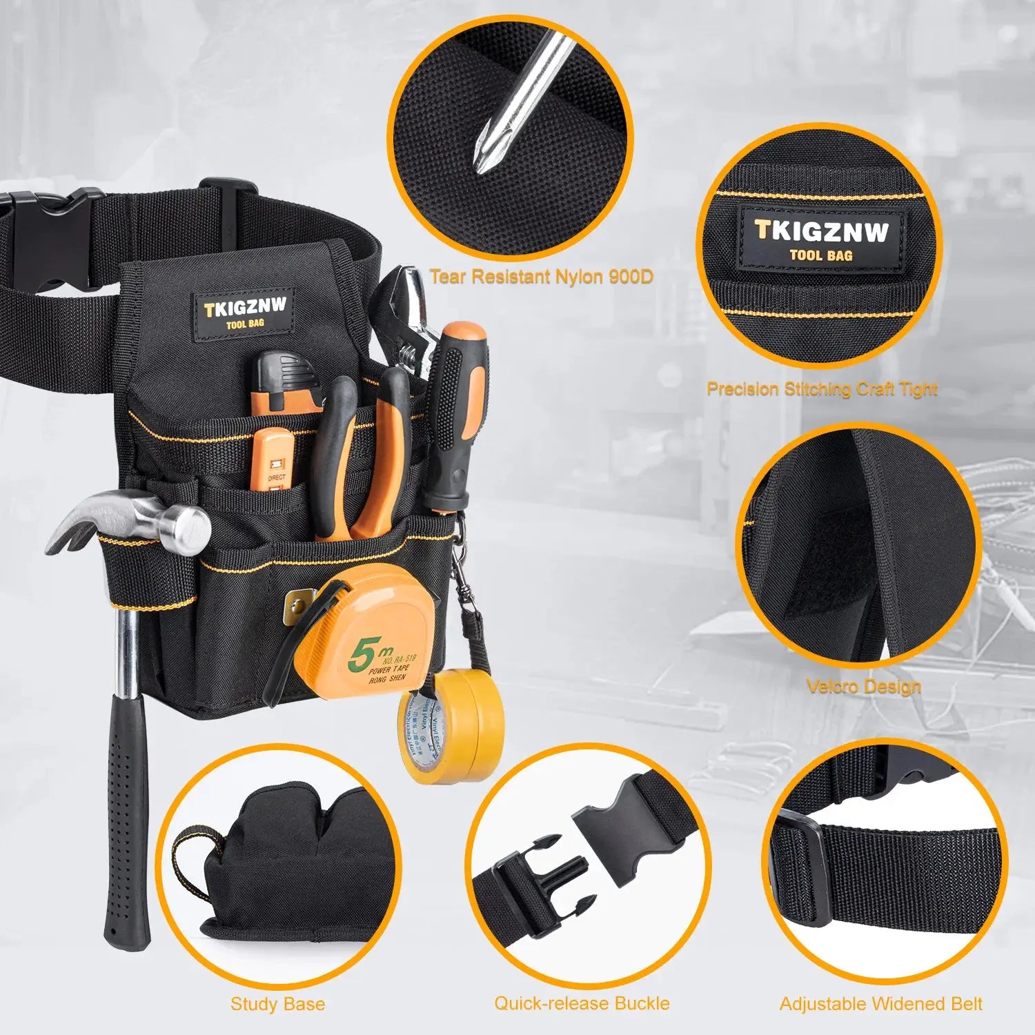 TKIGZNW tool belt with pouch in black nylon 900D, orange stitching, adjustable belt