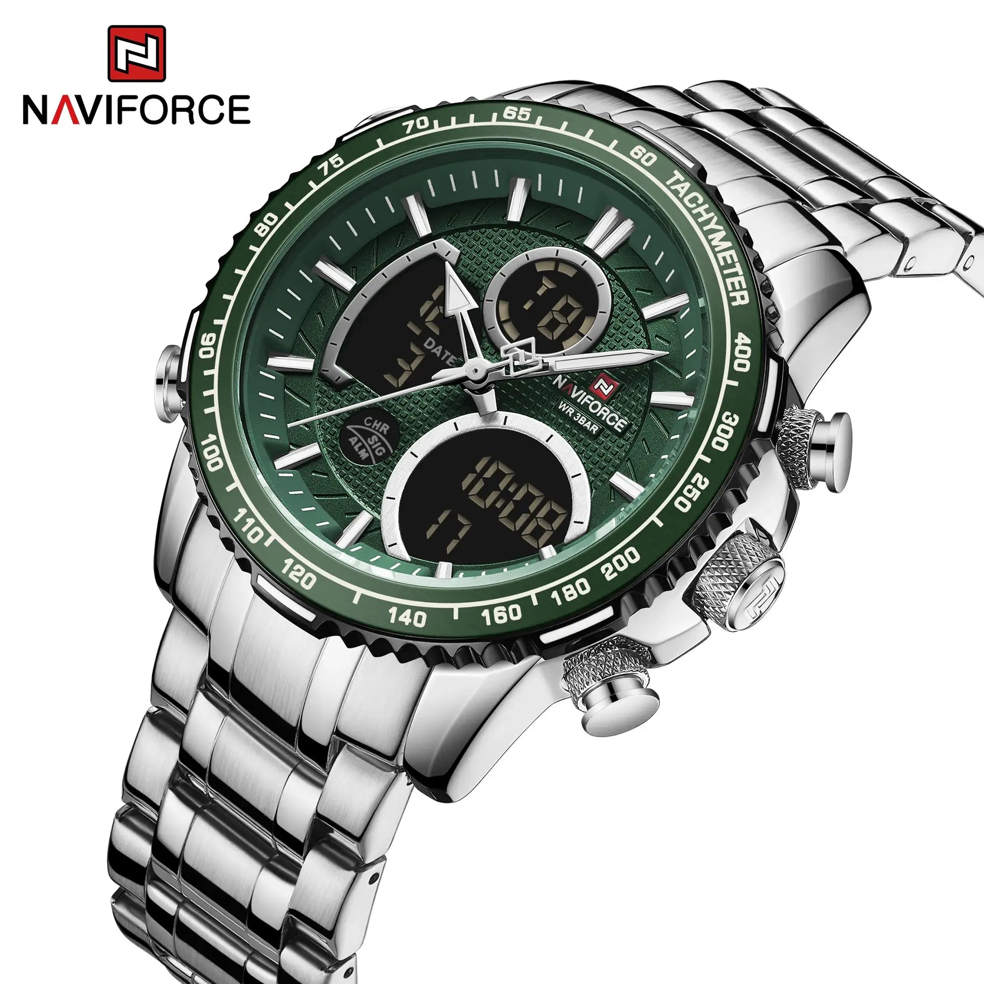 NAVIFORCE men's sport chronograph wristwatch with green dial and stainless steel bracelet