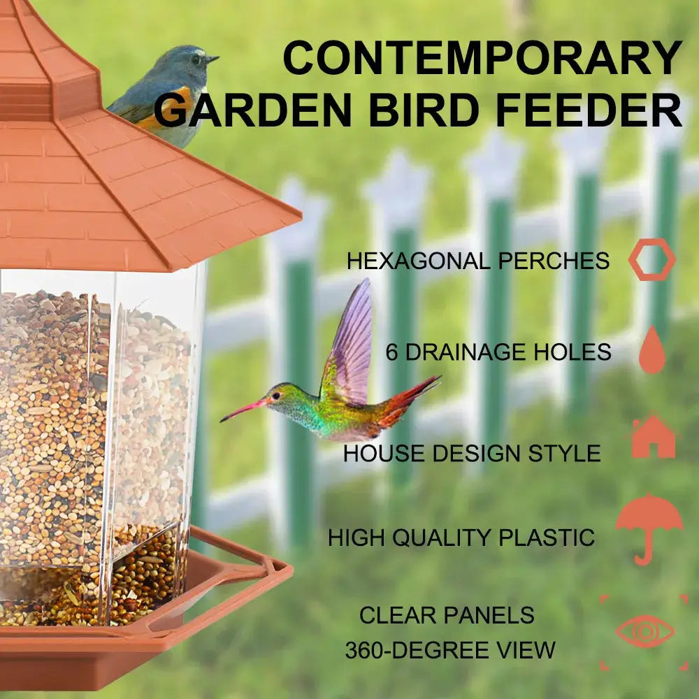 Automatic hanging bird feeder with clear plastic container and six drainage holes