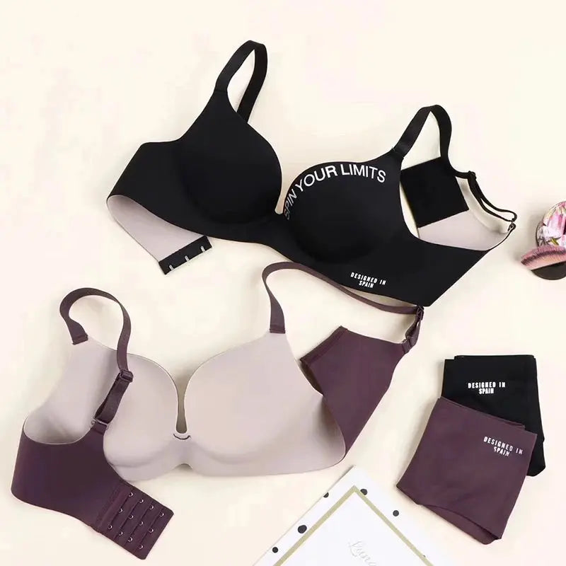 Simples Market Simplicity Letters Printed Bra set; 5-piece lingerie with black seamless bra and beige/mauve underwear