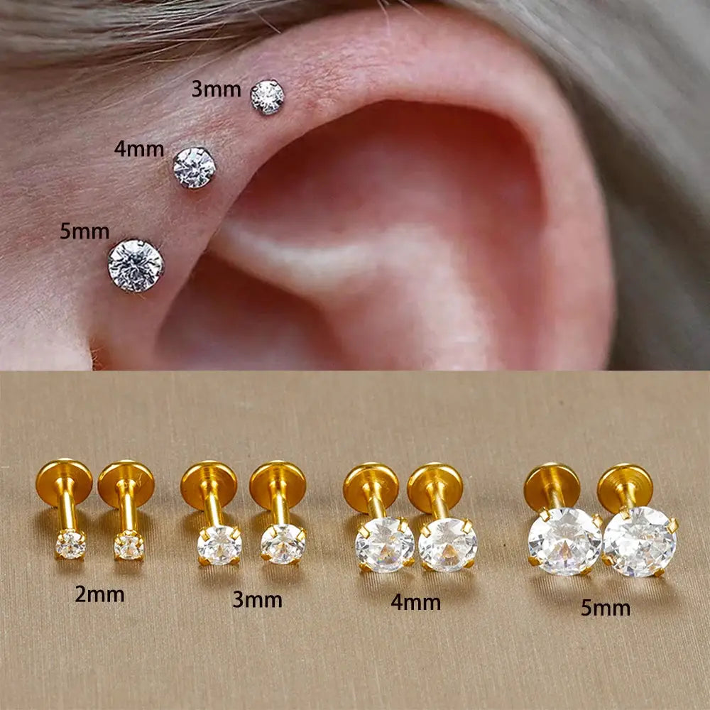 2pc labret/tragus stud earrings set, 16G stainless steel CZ crystals, Simples Market, silver and gold tones, sizes 2–5mm