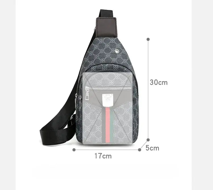Simples Market men's multifunction messenger bag crossbody, gray patterned fabric with earphone hole and front clear pocket