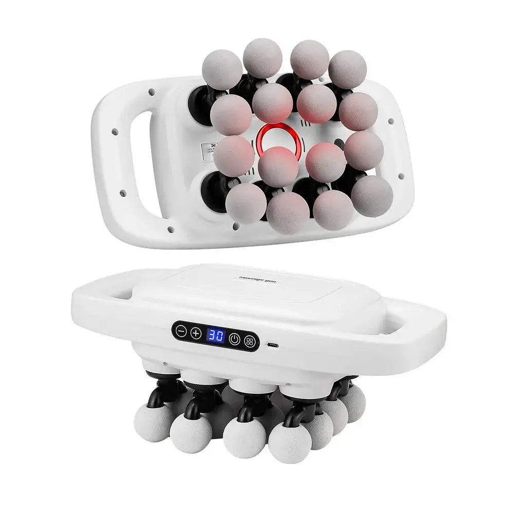16-head fascia massage gun with white body and gray spherical heads, digital control panel