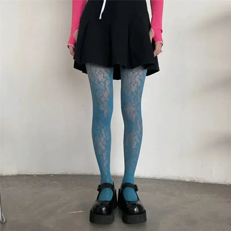 Lolita Sweet Floral Punk Style Colorful Thigh High Tights Hollow Out Mesh Fishnet Design For Women