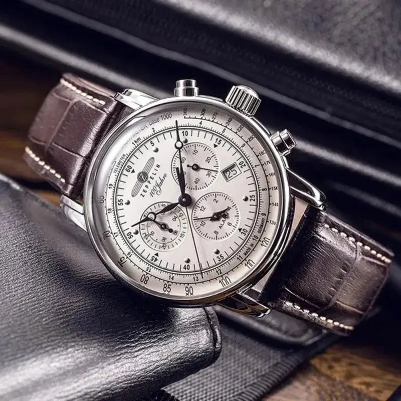 Zeppelin Airship commemorative men's automatic chronograph watch with brown leather strap, silver case, and white dial