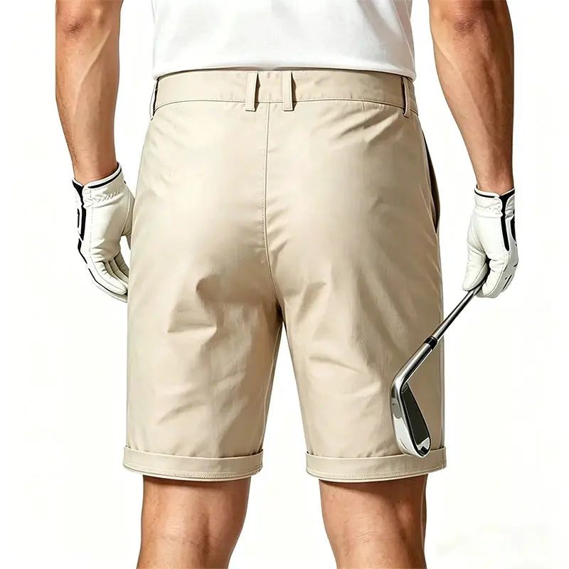 Men's beige 100% cotton shorts; casual business style.