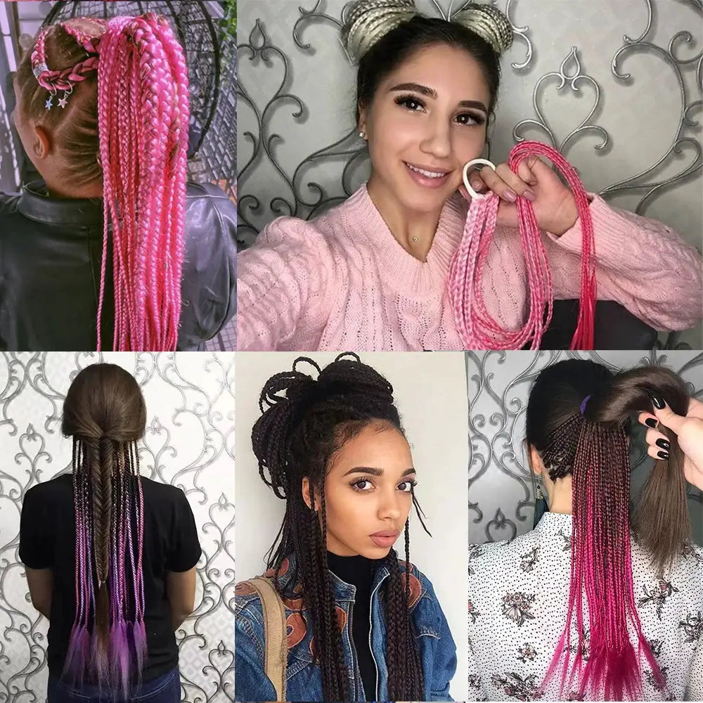 Synthetic gradient rainbow braided ponytail extensions with elastic band, 24-inch hairpiece.