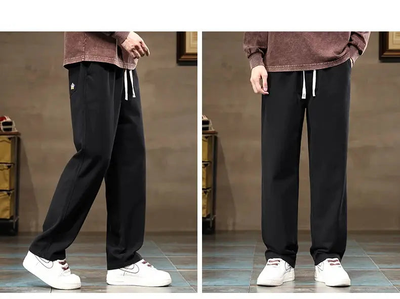 HIQOR men's black cotton jogger pants with drawstring waist, loose wide-leg fit
