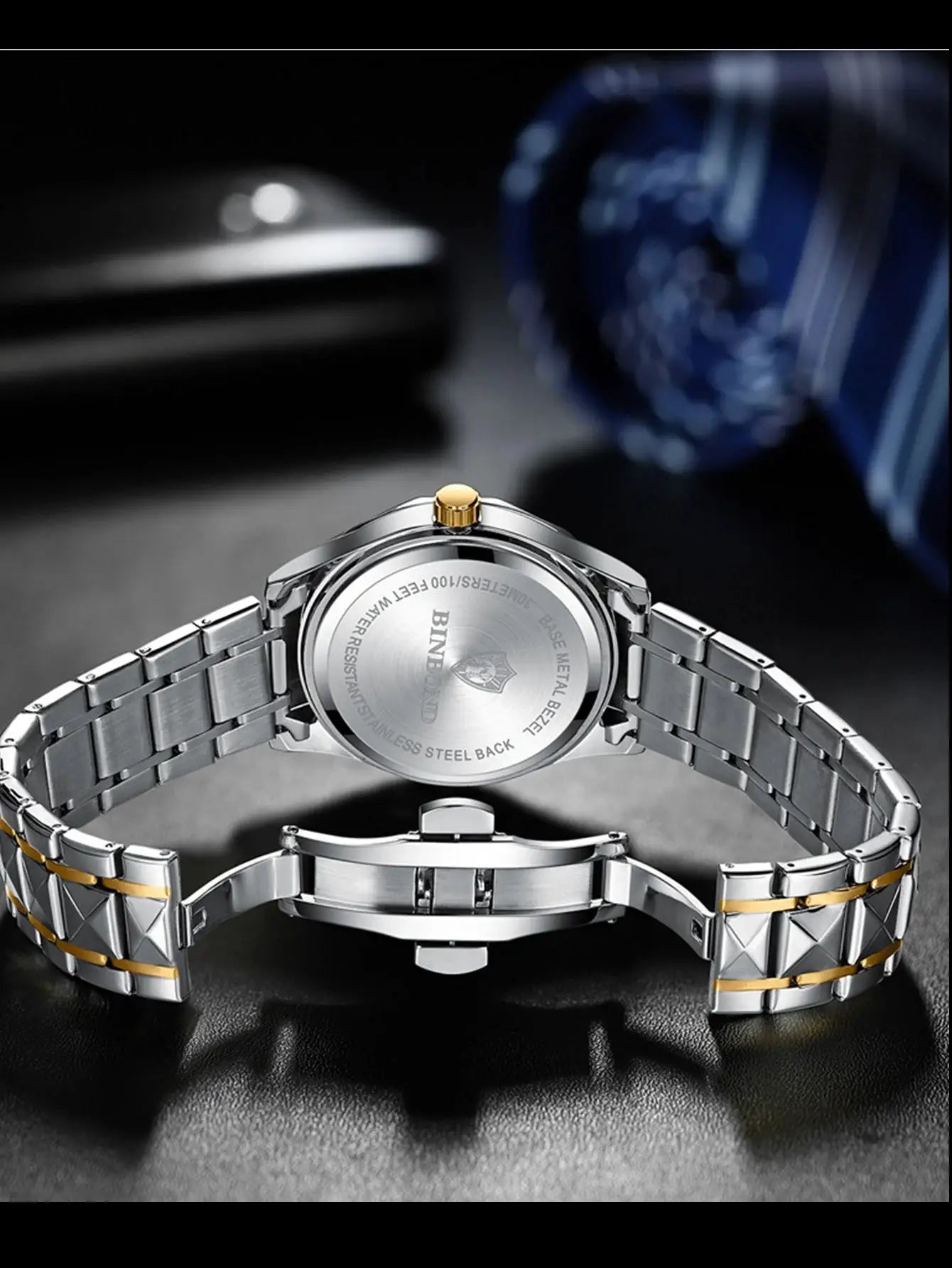 BINBONG women’s two watches; two-tone stainless steel wristwatches with gold crown, back view shows engraved case