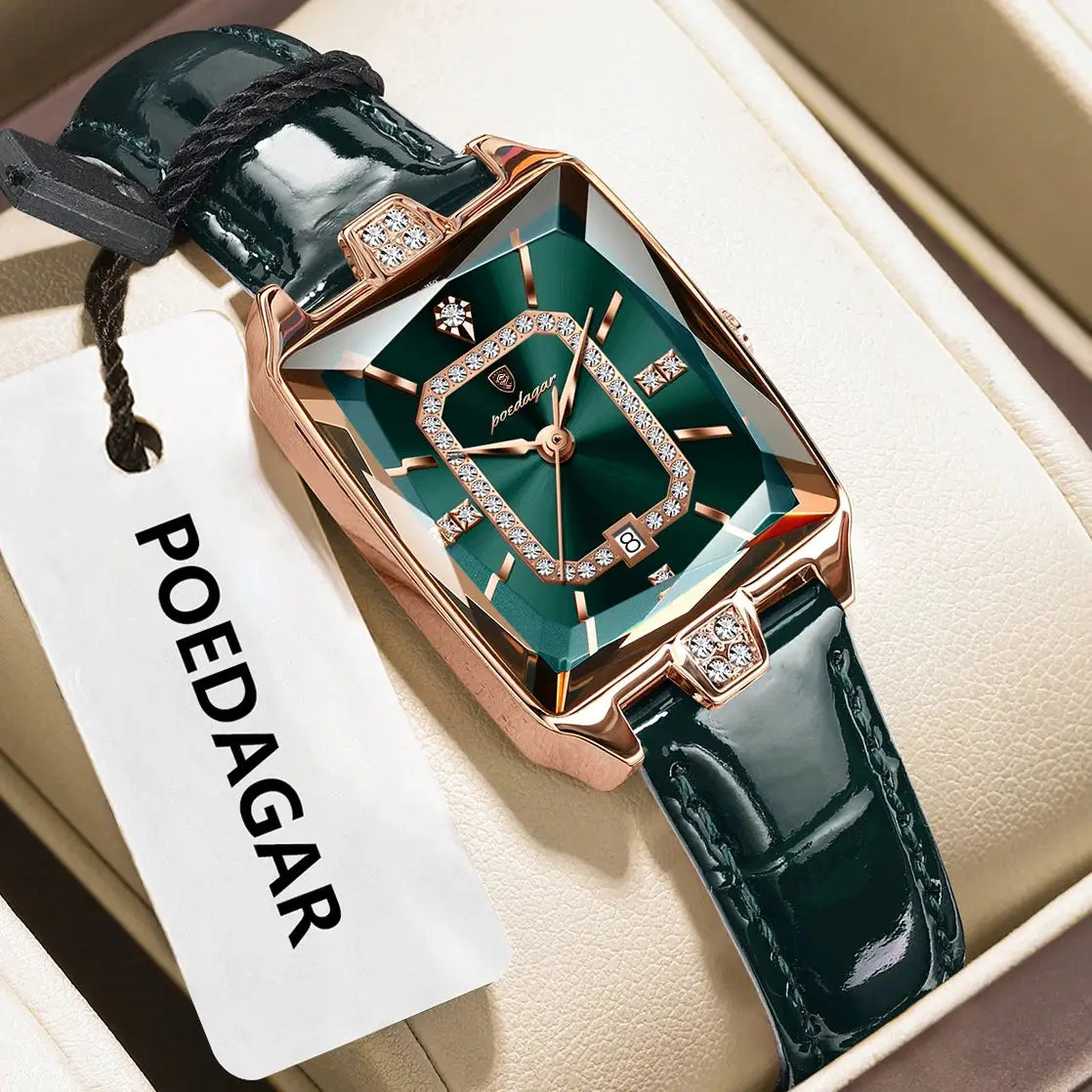 POEDAGAR luxury women's wristwatch with rose-gold case and green dial