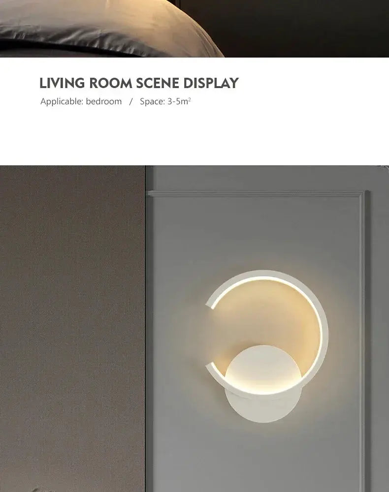 Modern LED wall lamp, white metal circular arc with bottom disk, warm ambient light