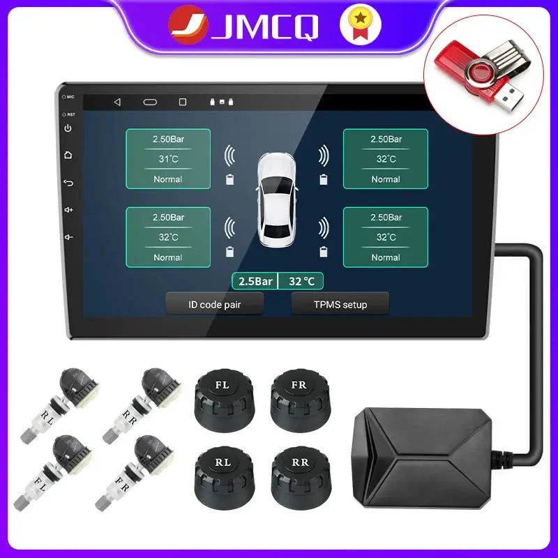 JMCQ USB TPMS tire pressure monitoring system with 5 black sensors and touchscreen display by Simples Market