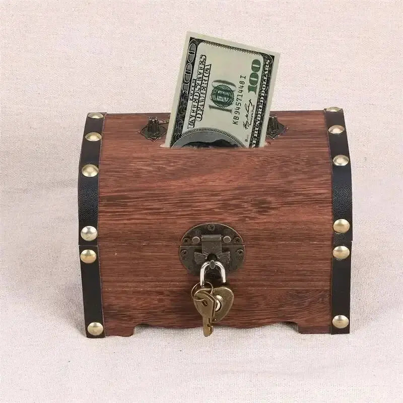 Vintage Treasure Chest With Lock Wooden Piggy Bank And Storage Box Retro Home Decor Organizer