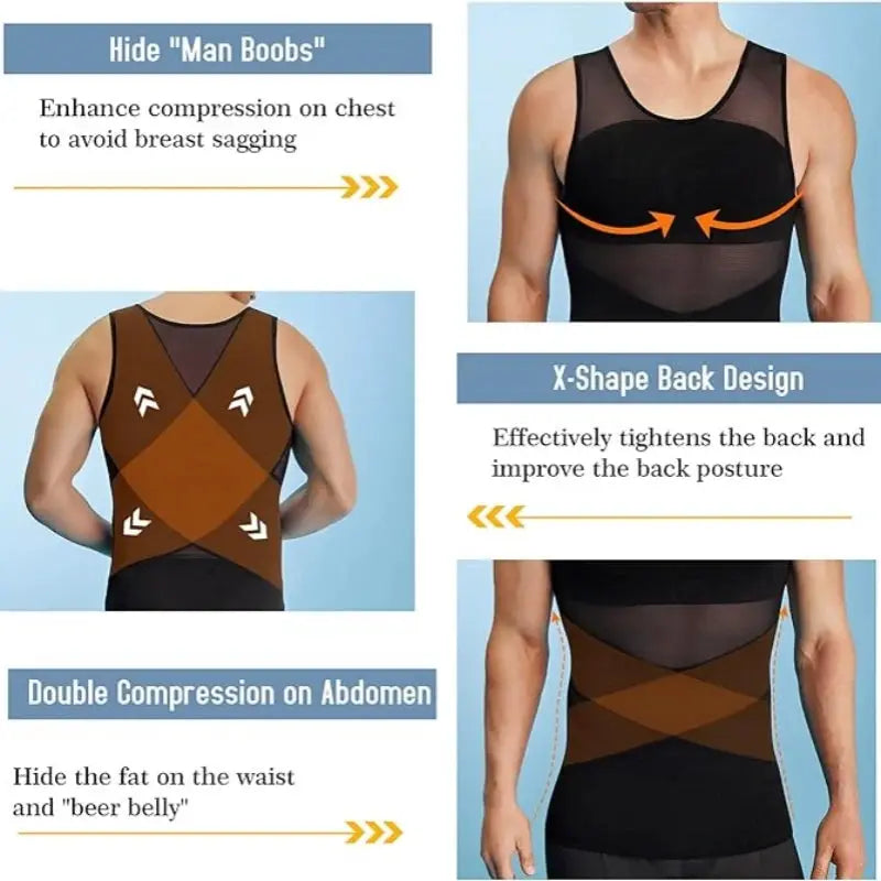 Men's compression undershirt shaper vest with X-back design in black