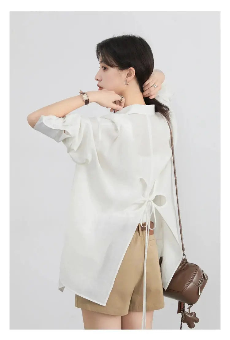 CHIC VEN women's white loose-fit long-sleeve shirt with back hollow-out tie detail