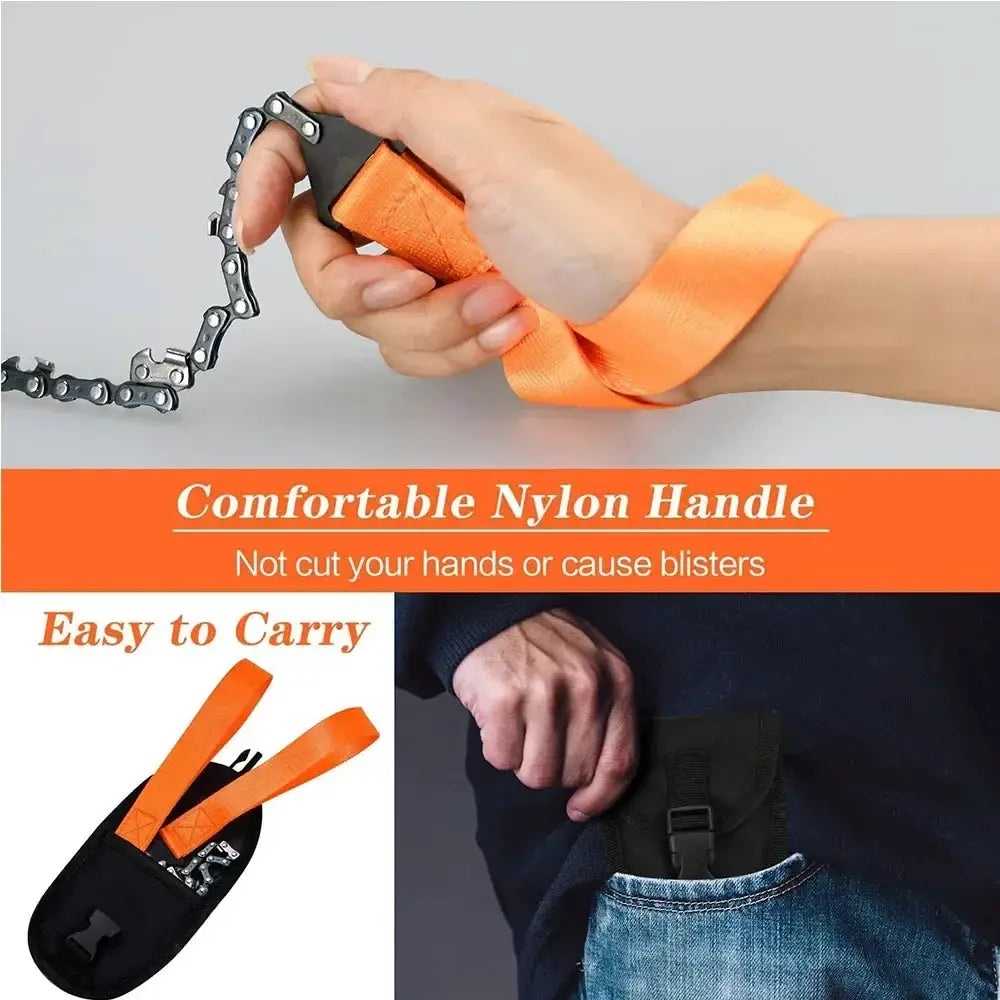 Portable survival chain saw with orange nylon handle and black carrying pouch