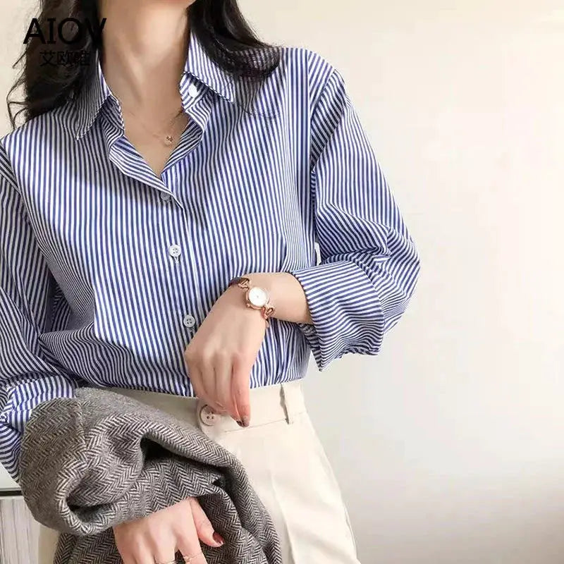 Blue striped blouse with long lantern sleeves, stand collar, loose fit from AIOY