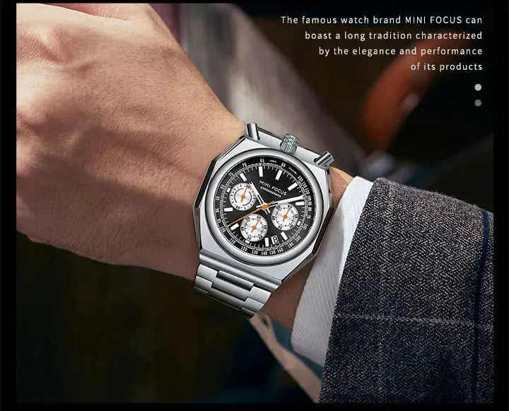 MINI FOCUS chronograph men's wristwatch with stainless steel strap, black dial, luminous indicators