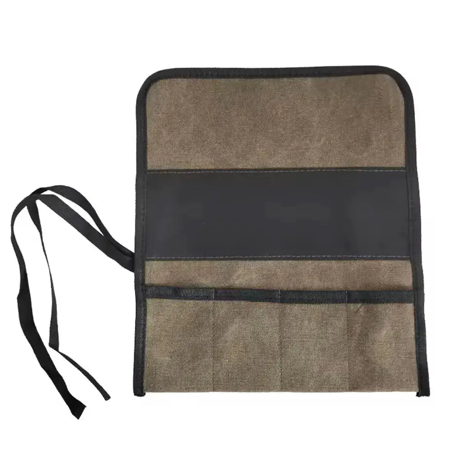 Roll-up tool bag by Simples Market, tan Oxford, with black trim and hanging strap; pockets for wrenches, screwdrivers.