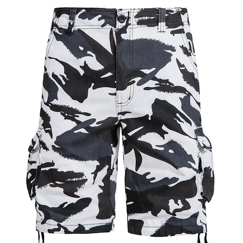Mens camouflage cargo shorts by Simples Market, gray/black cotton with side pockets
