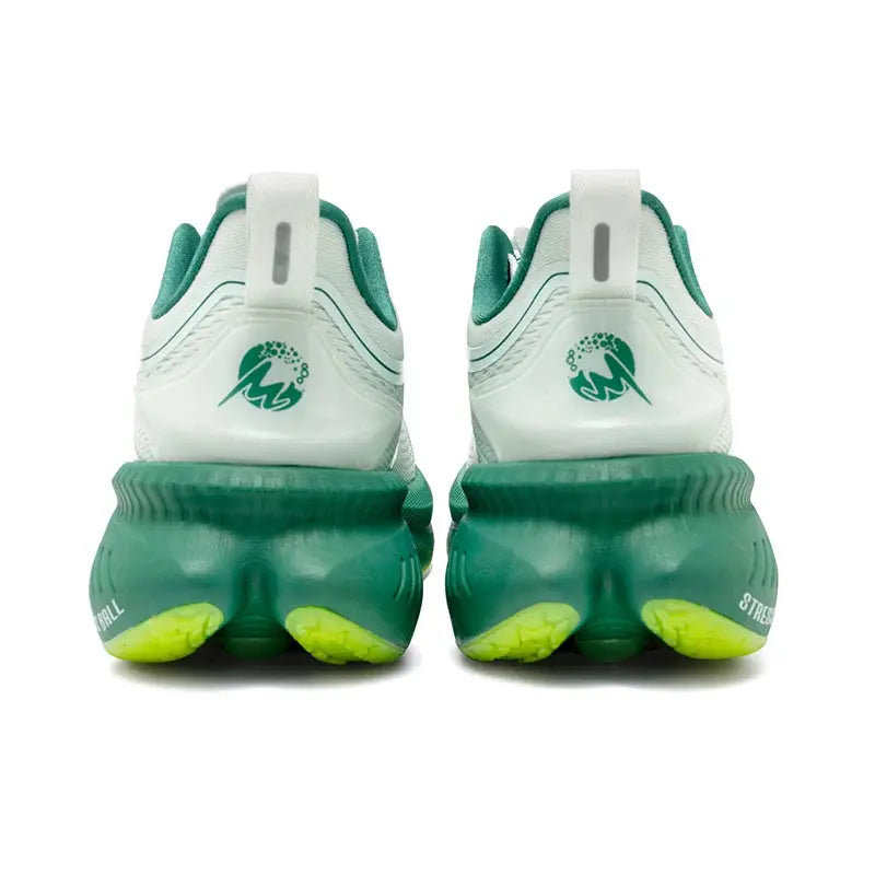 ONEMIX men's breathable running shoes, white uppers with teal-green cushioned soles, pair